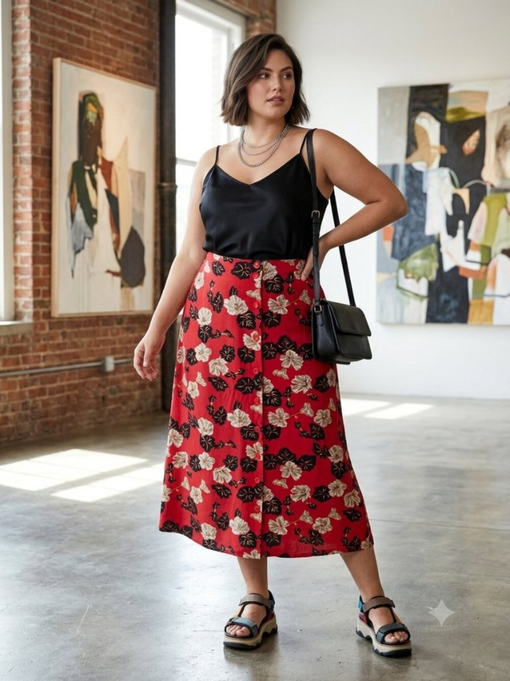 Vintage Sag Harbor Floral Button Front Midi Skirt 2XL Red Hawaiian Tropical Boho